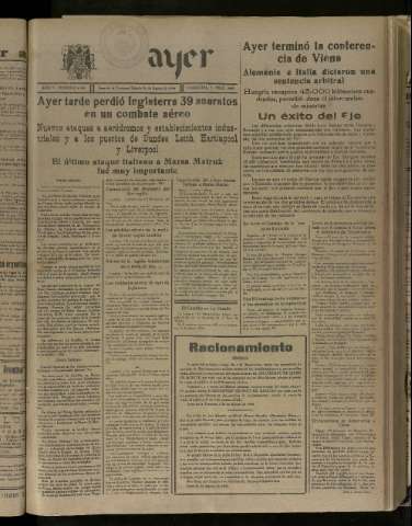 'Ayer : diario informativo de la mañana' - Año V Número 1288 - 1940 agosto 31