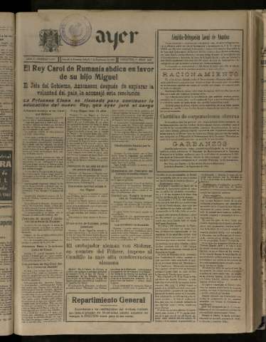 'Ayer : diario informativo de la mañana' - Año V Número 1294 - 1940 septiembre 7