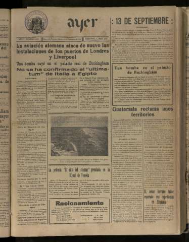 'Ayer : diario informativo de la mañana' - Año V Número 1300 - 1940 septiembre 14