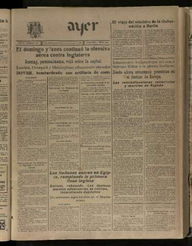 'Ayer : diario informativo de la mañana' - Año V Número 1302 - 1940 septiembre 17