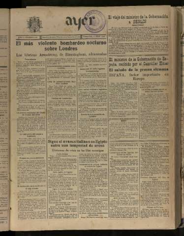 'Ayer : diario informativo de la mañana' - Año V Número 1303 - 1940 septiembre 18