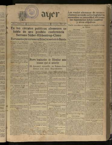 'Ayer : diario informativo de la mañana' - Año V Número 1310 - 1940 septiembre 26