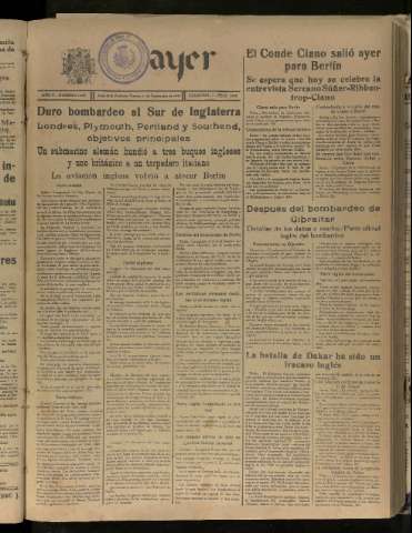 'Ayer : diario informativo de la mañana' - Año V Número 1311 - 1940 septiembre 27