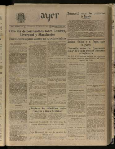 'Ayer : diario informativo de la mañana' - Año V Número 1316 - 1940 octubre 3