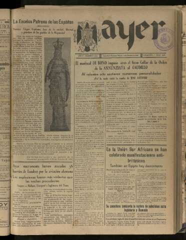 'Ayer : diario informativo de la mañana' - Año V Número 1324 - 1940 octubre 12