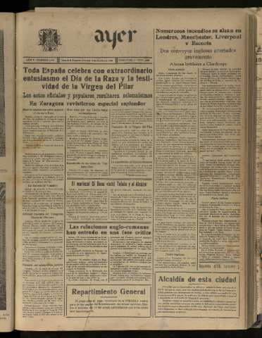 'Ayer : diario informativo de la mañana' - Año V Número 1325 - 1940 octubre 13
