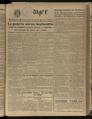 'Ayer : diario informativo de la mañana' - Año V Número 1329 - 1940 octubre 18
