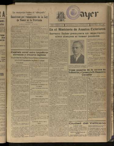 'Ayer : diario informativo de la mañana' - Año V Número 1330 - 1940 octubre 19