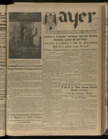 'Ayer : diario informativo de la mañana' - Año V Número 1331 - 1940 octubre 20