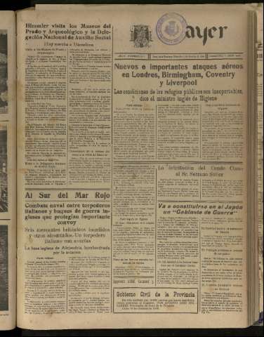 'Ayer : diario informativo de la mañana' - Año V Número 1333 - 1940 octubre 23