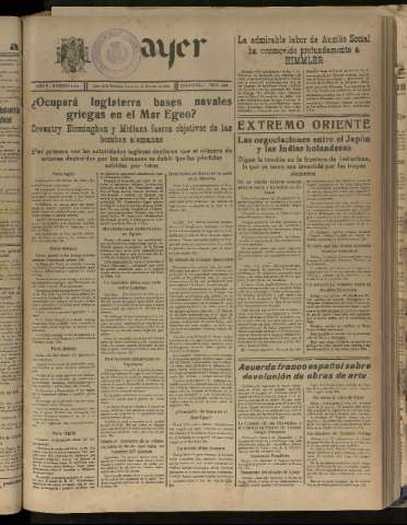 'Ayer : diario informativo de la mañana' - Año V Número 1334 - 1940 octubre 24