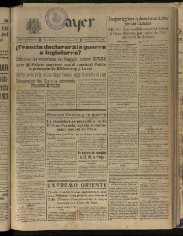'Ayer : diario informativo de la mañana' - Año V Número 1335 - 1940 octubre 25