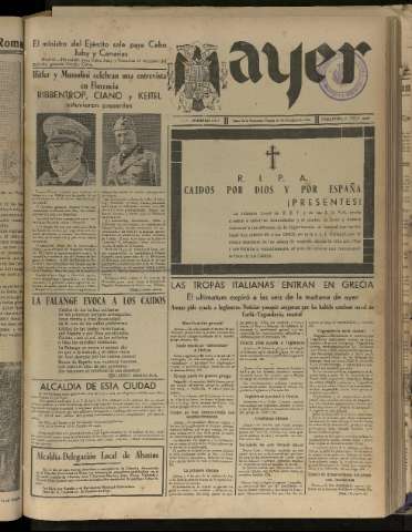 'Ayer : diario informativo de la mañana' - Año V Número 1338 - 1940 octubre 29