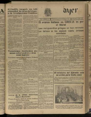 'Ayer : diario informativo de la mañana' - Año V Número 1340 - 1940 octubre 31