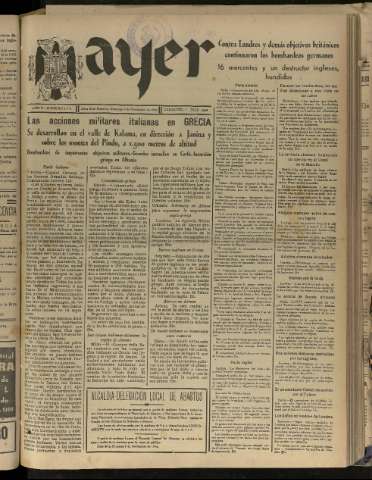 'Ayer : diario informativo de la mañana' - Año V Número 1343 - 1940 noviembre 3