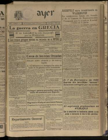'Ayer : diario informativo de la mañana' - Año V Número 1347 - 1940 noviembre 8