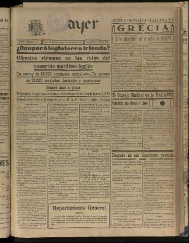 'Ayer : diario informativo de la mañana' - Año V Número 1348 - 1940 noviembre 9