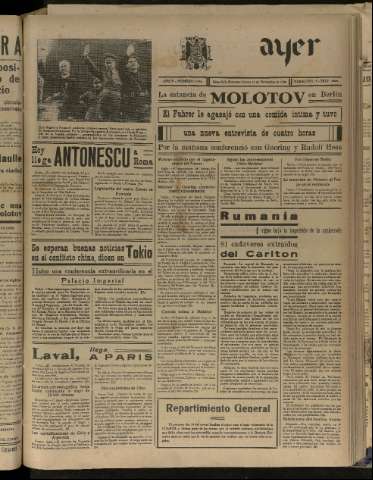 'Ayer : diario informativo de la mañana' - Año V Número 1352 - 1940 noviembre 14
