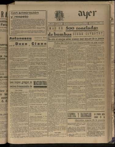 'Ayer : diario informativo de la mañana' - Año V Número 1354 - 1940 noviembre 16