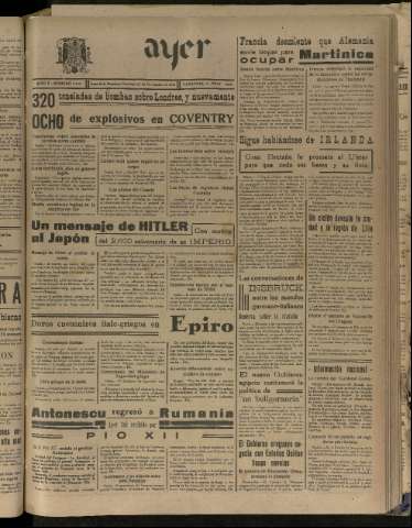 'Ayer : diario informativo de la mañana' - Año V Número 1355 - 1940 noviembre 17