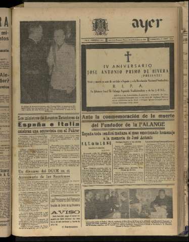 'Ayer : diario informativo de la mañana' - Año V Número 1356 - 1940 noviembre 19