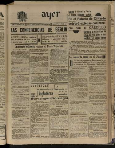 'Ayer : diario informativo de la mañana' - Año V Número 1360 - 1940 noviembre 23