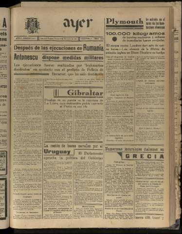 'Ayer : diario informativo de la mañana' - Año V Número 1365 - 1940 noviembre 29