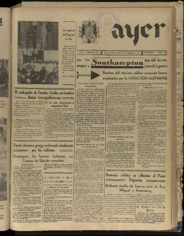 'Ayer : diario informativo de la mañana' - Año V Número 1368 - 1940 diciembre 3