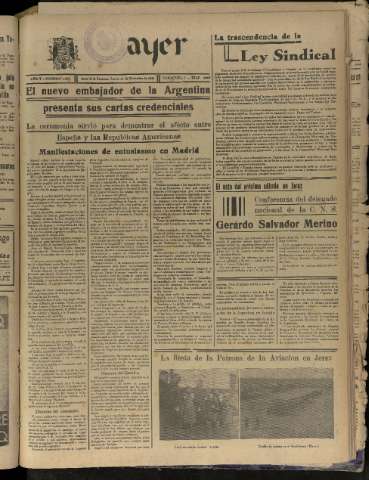 'Ayer : diario informativo de la mañana' - Año V Número 1376 - 1940 diciembre 12