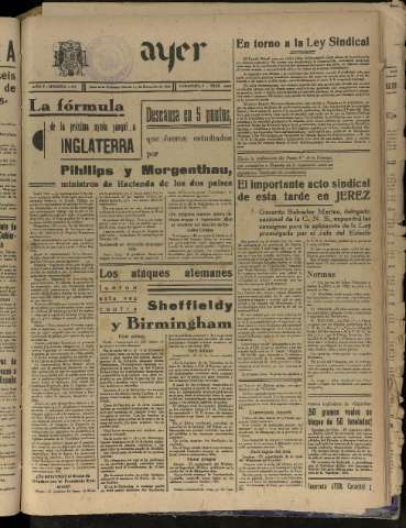 'Ayer : diario informativo de la mañana' - Año V Número 1378 - 1940 diciembre 14