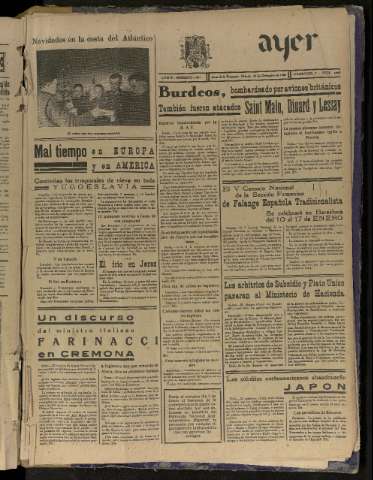 'Ayer : diario informativo de la mañana' - Año V Número 1389 - 1940 diciembre 28