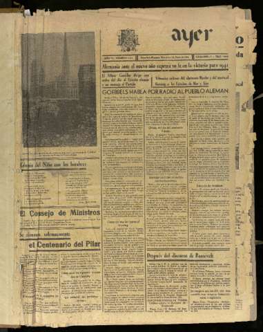 'Ayer : diario informativo de la mañana' - Año VI Número 1392 - 1941 enero 1