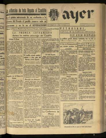 'Ayer : diario informativo de la mañana' - Año VI Número 1626 - 1941 octubre 2