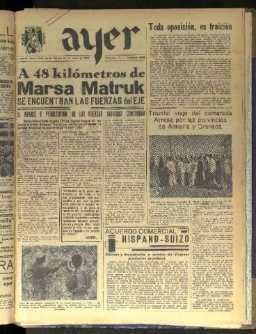 'Ayer : diario informativo de la mañana' - Año VII Número 1854 - 1942 junio 27