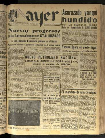 'Ayer : diario informativo de la mañana' - Año VII Número 1941 - 1942 octubre 7