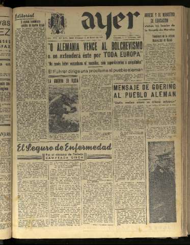 'Ayer : diario informativo de la mañana' - Año VIII Número 2040 - 1943 enero 31