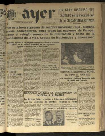'Ayer : diario informativo de la mañana' - Año VIII Número 2258 - 1943 octubre 14