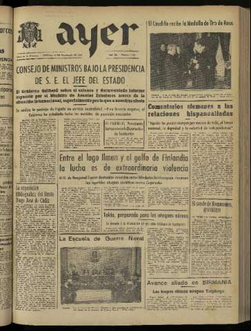 'Ayer : diario informativo de la mañana' - Año IX Número 2353 - 1944 febrero 4