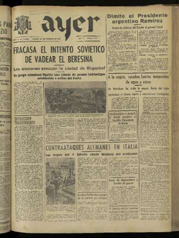 'Ayer : diario informativo de la mañana' - Año IX Número 2372 - 1944 febrero 26