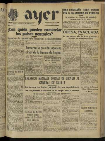 'Ayer : diario informativo de la mañana' - Año IX Número 2409 - 1944 abril 11