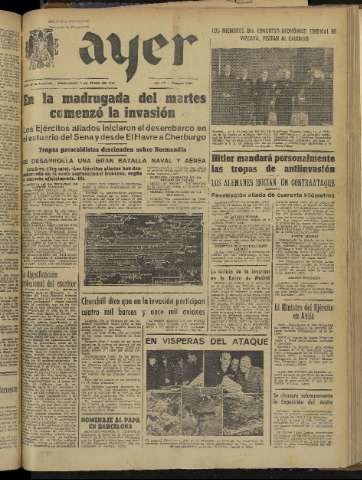'Ayer : diario informativo de la mañana' - Año IX Número 2458 - 1944 junio 7