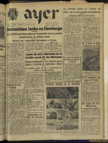 'Ayer : diario informativo de la mañana' - Año IX Número 2473 - 1944 junio 24