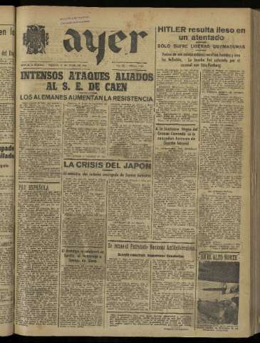 'Ayer : diario informativo de la mañana' - Año IX Número 2496 - 1944 julio 21