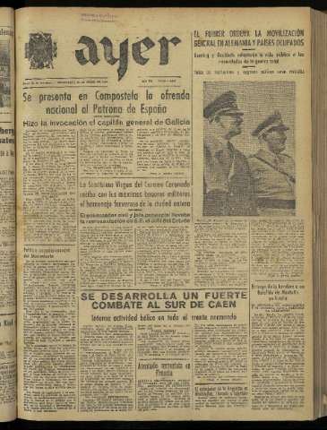 'Ayer : diario informativo de la mañana' - Año IX Número 2500 - 1944 julio 26