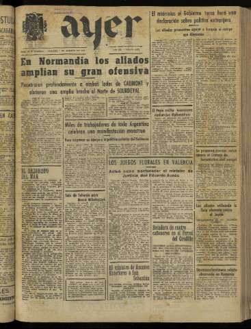 'Ayer : diario informativo de la mañana' - Año IX Número 2505 - 1944 agosto 1