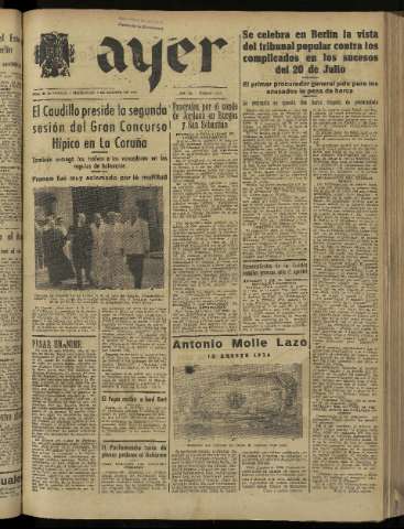 'Ayer : diario informativo de la mañana' - Año IX Número 2512 - 1944 agosto 9