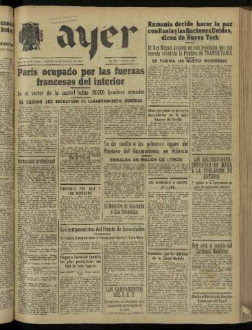 'Ayer : diario informativo de la mañana' - Año IX Número 2525 - 1944 agosto 24