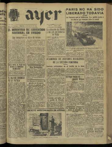 'Ayer : diario informativo de la mañana' - Año IX Número 2526 - 1944 agosto 25
