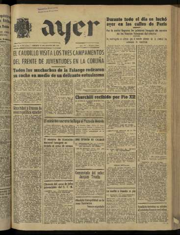 'Ayer : diario informativo de la mañana' - Año IX Número 2527 - 1944 agosto 26