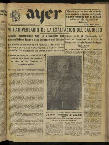 'Ayer : diario informativo de la mañana' - Año IX Número 2558 - 1944 octubre 1